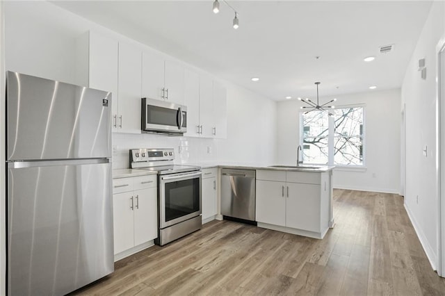 kitchen featuring white cabinetry, sink, kitchen peninsula, a chandelier, and appliances with stainless steel finishes