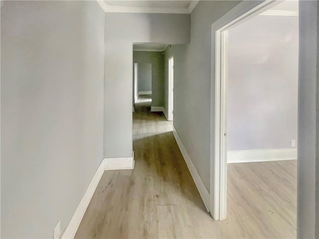 hallway with ornamental molding and light wood-type flooring