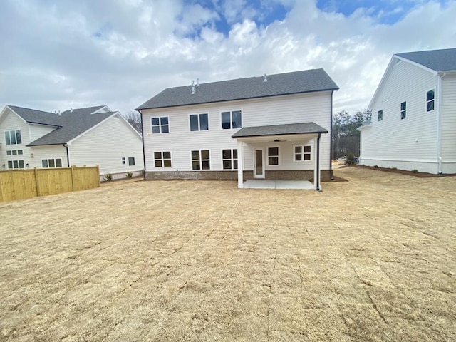 back of house with a patio area, ceiling fan, and fence