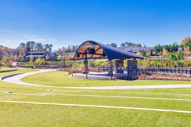 view of play area with a yard and a gazebo