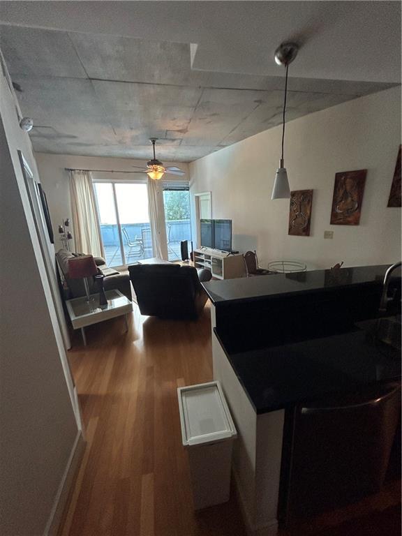 living room with sink, hardwood / wood-style floors, and ceiling fan