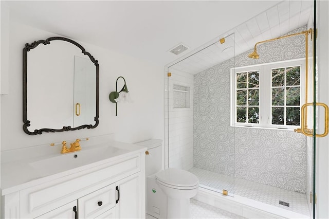 3051 Habersham Rd NW, Atlanta, GA 30305 - full bath with vaulted ceiling, toilet, vanity, a shower stall, and visible vents