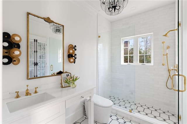 3051 Habersham Rd NW, Atlanta, GA 30305 - bathroom featuring a stall shower, toilet, vanity, and an inviting chandelier