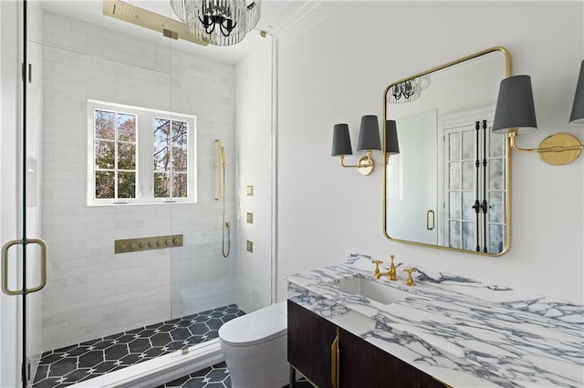 3051 Habersham Rd NW, Atlanta, GA 30305 - bathroom with vanity, toilet, an inviting chandelier, and a shower stall