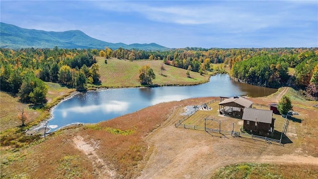 drone / aerial view with a water and mountain view