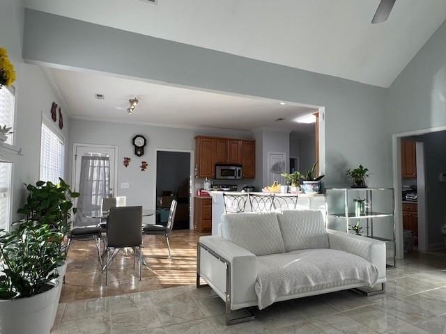 living room with high vaulted ceiling