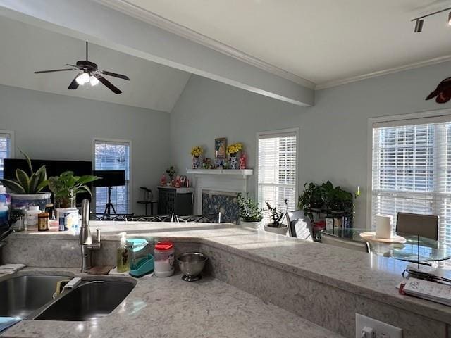 kitchen with sink, crown molding, ceiling fan, light stone counters, and vaulted ceiling