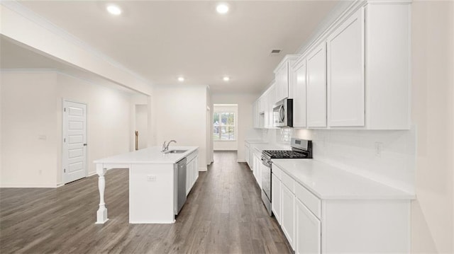 kitchen featuring appliances with stainless steel finishes, white cabinetry, wood-type flooring, sink, and a kitchen island with sink