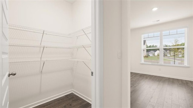 spacious closet with dark wood-type flooring