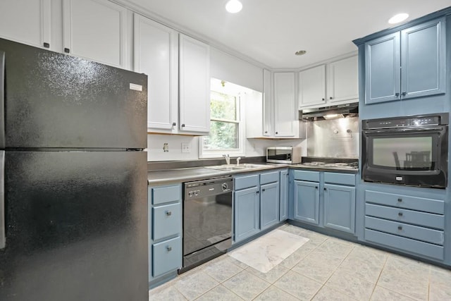 kitchen with blue cabinets, white cabinets, light tile patterned floors, and black appliances