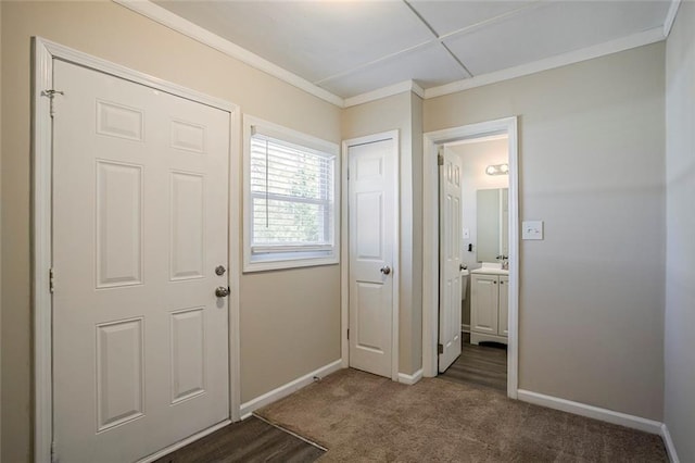 entrance foyer featuring carpet flooring, baseboards, and ornamental molding