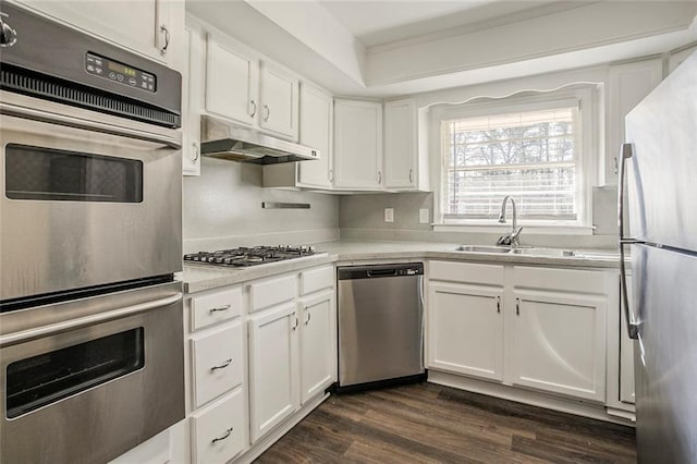 kitchen with a sink, light countertops, white cabinets, under cabinet range hood, and appliances with stainless steel finishes