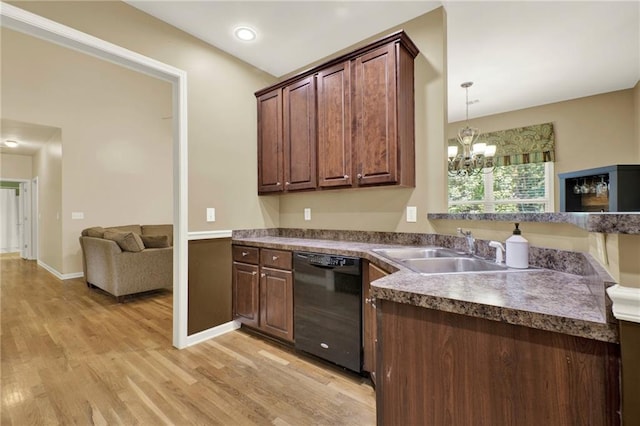 34 Laurel Way NE, White, GA 30184 - kitchen with dishwasher, a sink, light wood-type flooring, a chandelier, and dark countertops