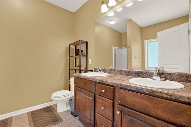 34 Laurel Way NE, White, GA 30184 - full bathroom featuring double vanity, tile patterned flooring, toilet, baseboards, and a shower