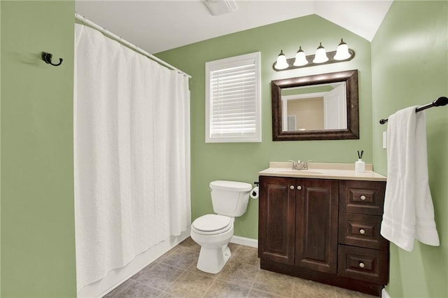 34 Laurel Way NE, White, GA 30184 - full bathroom with toilet, vanity, tile patterned flooring, curtained shower, and vaulted ceiling