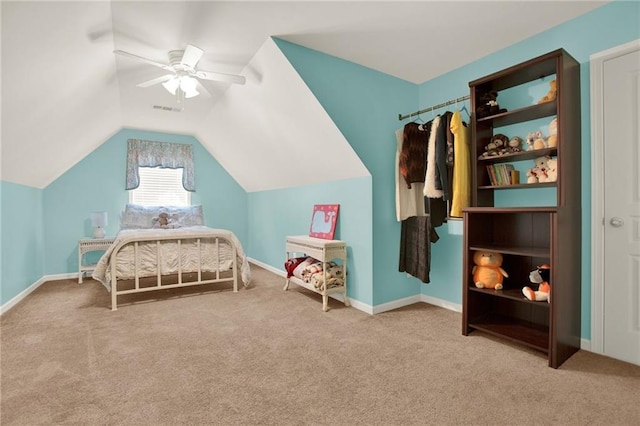 34 Laurel Way NE, White, GA 30184 - carpeted bedroom with vaulted ceiling, ceiling fan, and baseboards