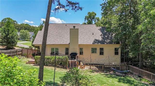 34 Laurel Way NE, White, GA 30184 - rear view of property with a wooden deck, a chimney, and a shingled roof