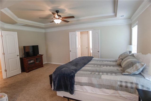 6892 Big Sky Dr, Flowery Branch, GA 30542 - carpeted bedroom with a tray ceiling, crown molding, a ceiling fan, and baseboards