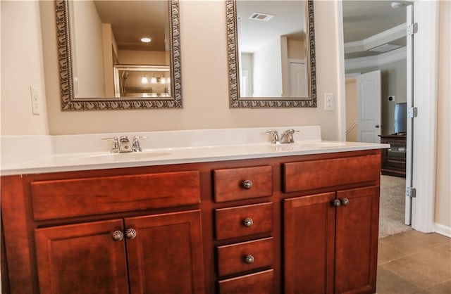 6892 Big Sky Dr, Flowery Branch, GA 30542 - full bath with double vanity, crown molding, and recessed lighting
