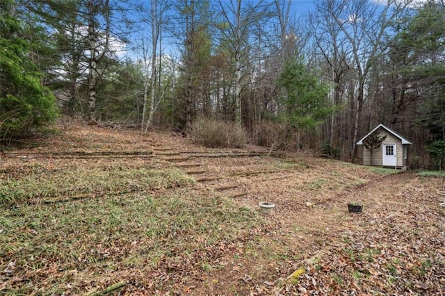 view of yard featuring a storage unit