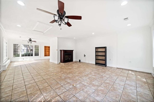 unfurnished living room featuring ornamental molding, light tile patterned floors, and ceiling fan