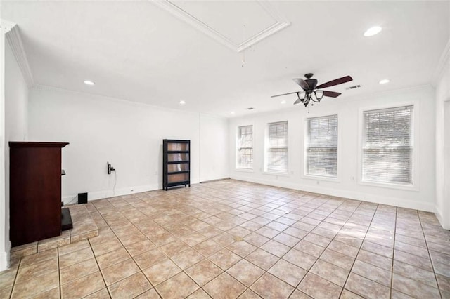 unfurnished living room with crown molding, light tile patterned floors, and ceiling fan