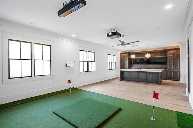 exercise area featuring ceiling fan, ornamental molding, sink, and light hardwood / wood-style flooring