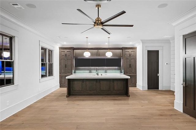 kitchen with dark brown cabinets, light hardwood / wood-style flooring, ceiling fan, and crown molding