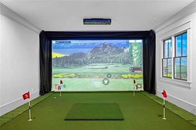 game room with carpet floors, golf simulator, and ornamental molding