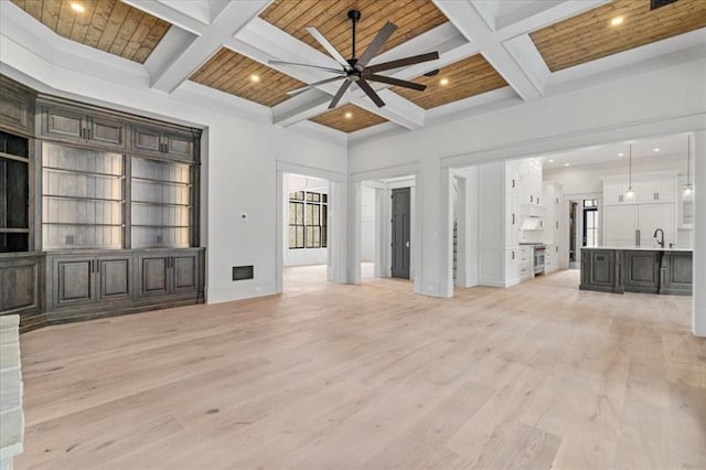 unfurnished living room featuring wooden ceiling, coffered ceiling, ceiling fan, beam ceiling, and light hardwood / wood-style floors