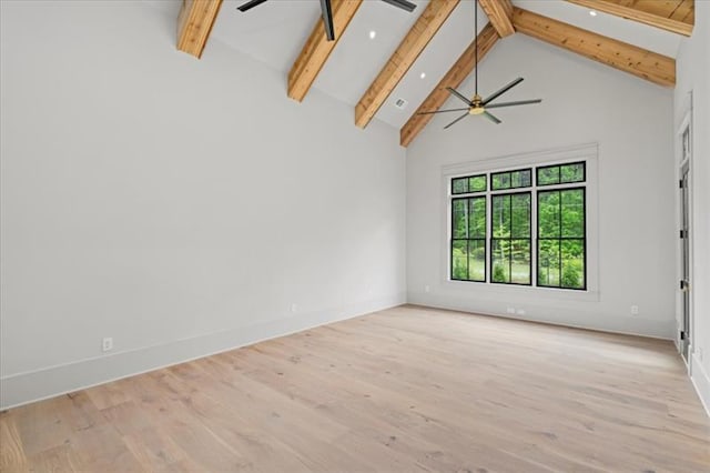 unfurnished living room featuring ceiling fan, beam ceiling, and high vaulted ceiling