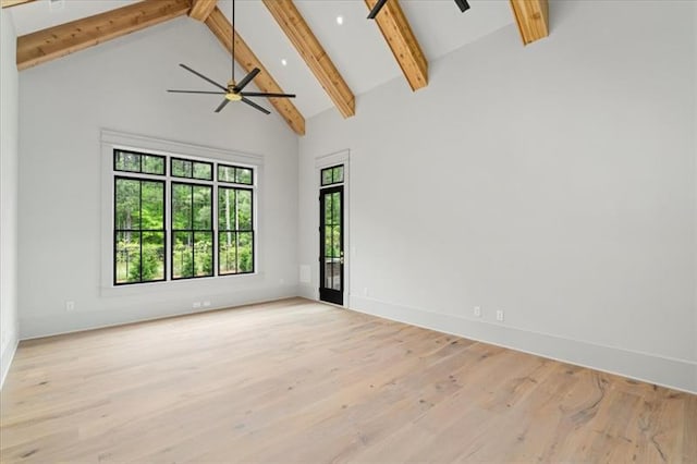 unfurnished room featuring beam ceiling, ceiling fan, high vaulted ceiling, and light hardwood / wood-style floors