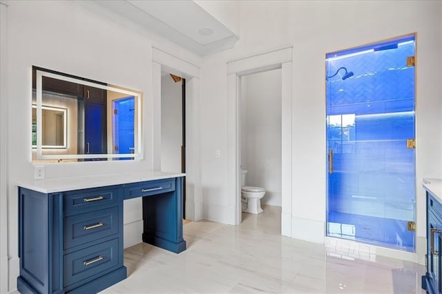 bathroom with vanity, toilet, and walk in shower