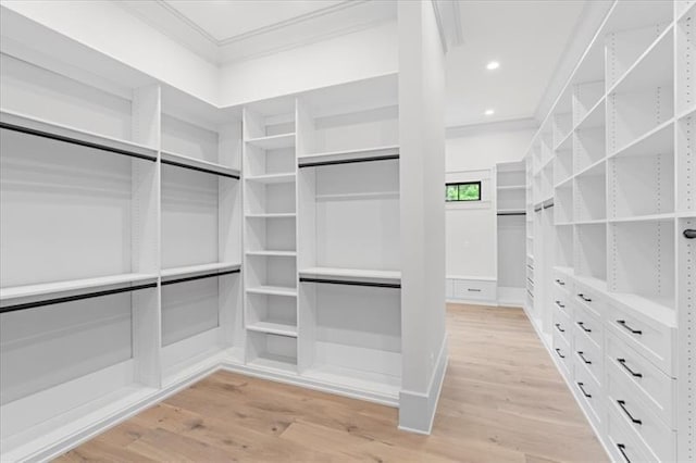 spacious closet with light hardwood / wood-style flooring