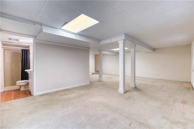 basement with carpet floors and a drop ceiling