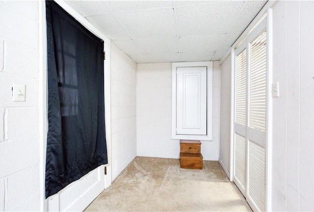 interior space featuring light colored carpet