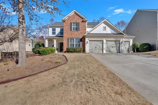 view of front facade featuring a garage, brick siding, and concrete driveway