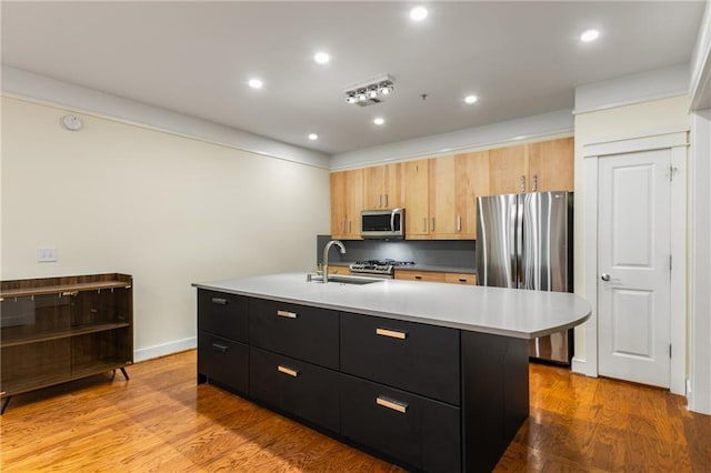 kitchen with dark cabinets, a sink, light countertops, appliances with stainless steel finishes, and light wood-type flooring