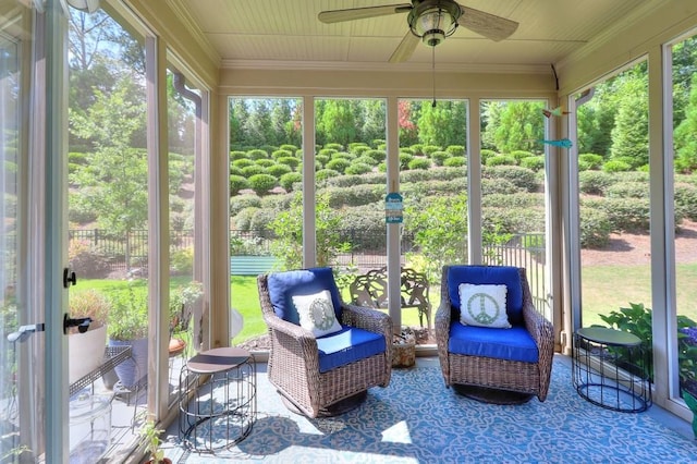 sunroom / solarium with ceiling fan and a healthy amount of sunlight