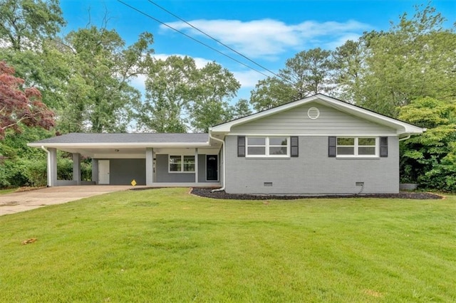 4477 Timber Ridge Dr, Douglasville, GA 30135 - view of front of house featuring concrete driveway, crawl space, a front lawn, and a carport