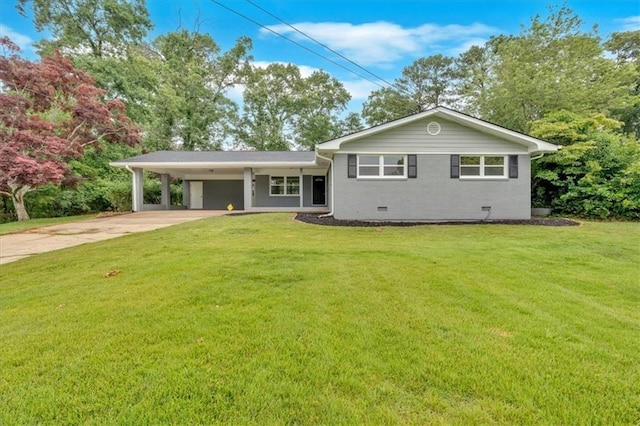 4477 Timber Ridge Dr, Douglasville, GA 30135 - view of front facade featuring concrete driveway, a front yard, crawl space, and an attached carport