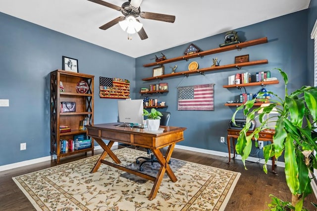 office space with ceiling fan and dark hardwood / wood-style floors