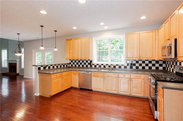 kitchen with backsplash, a brick fireplace, stainless steel appliances, plenty of natural light, and dark hardwood / wood-style flooring