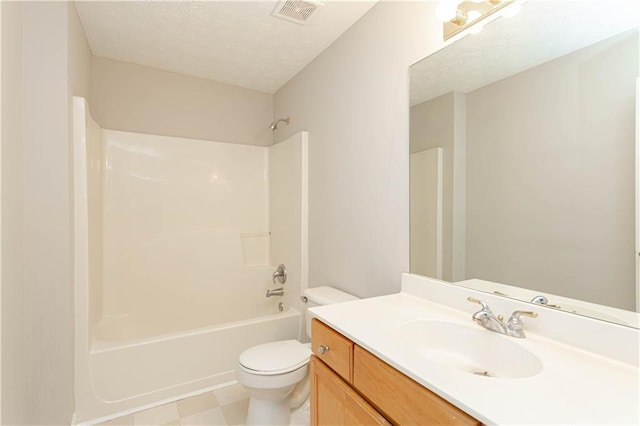 full bathroom with toilet, shower / bath combination, a textured ceiling, vanity, and tile flooring