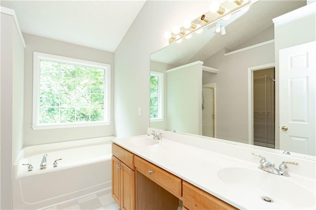 bathroom featuring lofted ceiling, dual sinks, tile flooring, and oversized vanity