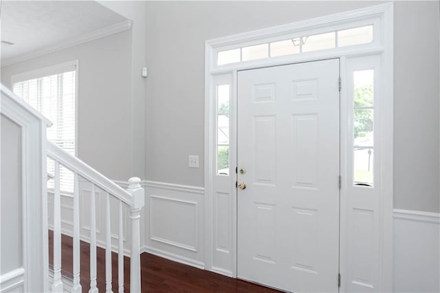 foyer featuring crown molding, dark hardwood / wood-style floors, and a wealth of natural light