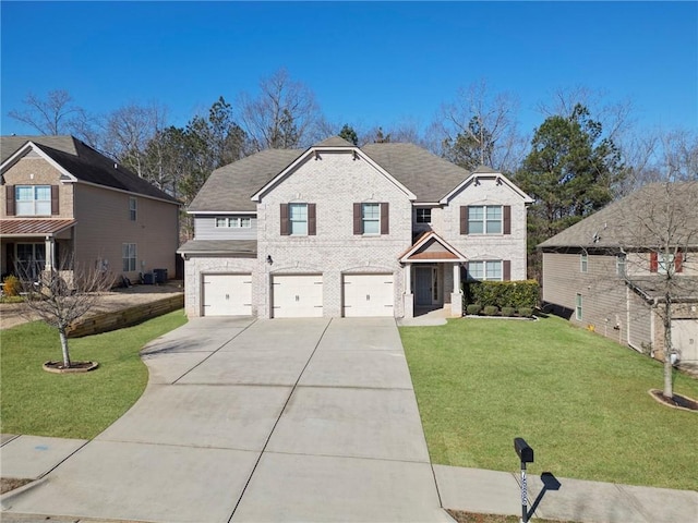 traditional home with a front lawn, roof with shingles, concrete driveway, a garage, and brick siding