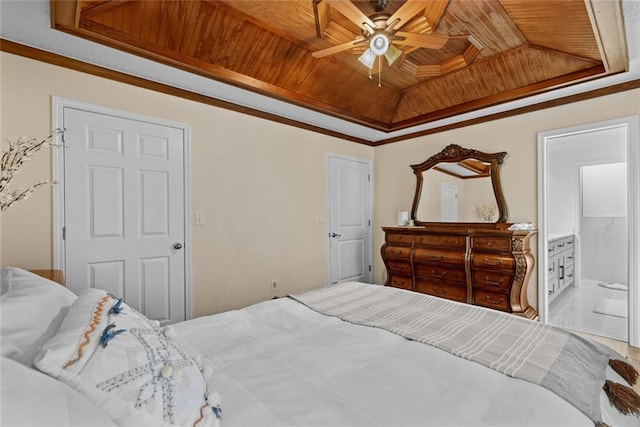 415 Southridge Rd, Winder, GA 30680 - bedroom with a tray ceiling, wooden ceiling, crown molding, a ceiling fan, and connected bathroom
