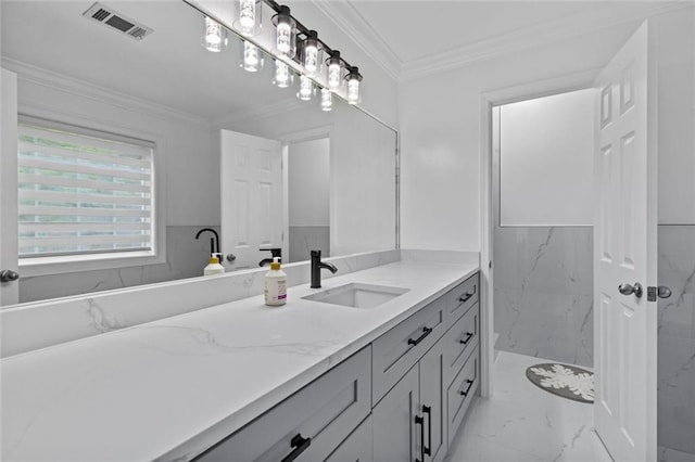 415 Southridge Rd, Winder, GA 30680 - full bathroom featuring marble finish floors, vanity, and ornamental molding