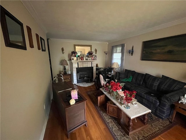 301 Sisson Ave NE, Atlanta, GA 30317 - living room featuring wood finished floors, a tiled fireplace, crown molding, and baseboards